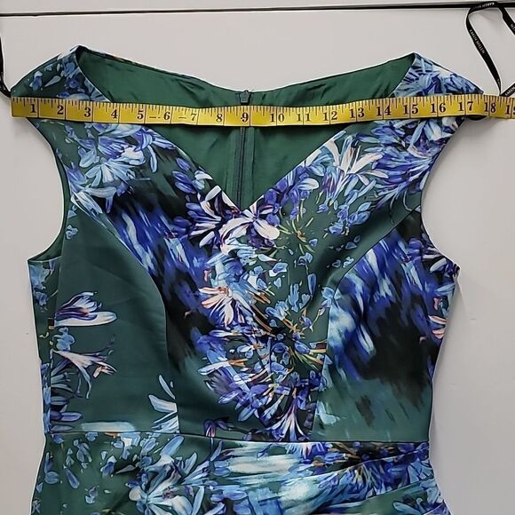 Karen Millen Womens Back Zip V Neck Floral Sheath Dress Green Blue Size 8 - Picture 6 of 11